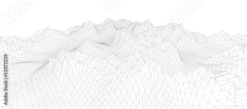 3D wireframe of contour swirl. Abstract wireframe background. Black and white wave.
