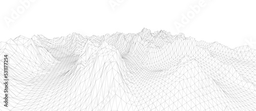 3D wireframe of contour swirl. Abstract wireframe background. Black and white wave.
