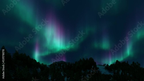 A beautiful green and red aurora dancing over the hills.