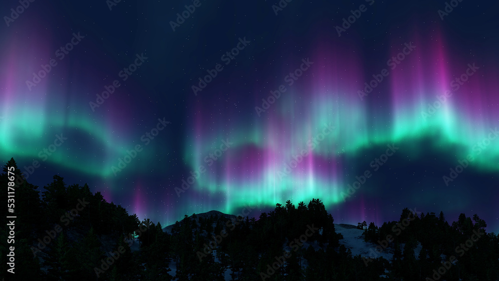 A beautiful green and red aurora dancing over the hills.