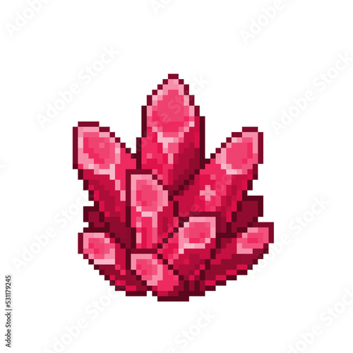 An 8-bit retro-styled pixel-art cartoon illustration of a red glowing crystal cluster geode.