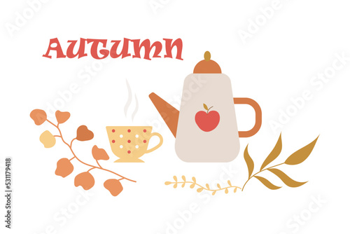 Autumn postcard with kettle and hot cup of tea