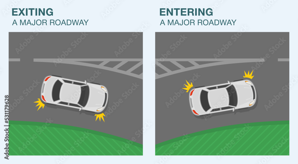 Safe driving tips and traffic regulation rules. Entering and exiting a major roadway. White sedan car merging onto and exiting a highway. Flat vector illustration template. Safe driving tips and traffic regulation rules. Entering and exiting a major roadway. White sedan car merging onto and exiting a highway. Flat vector illustration template.