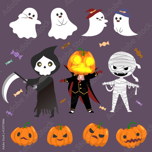 Cute halloween material with pumpkins, ghosts, grim reapers, zombies and more