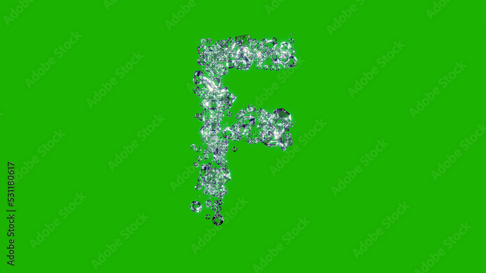 glowing finest brilliants font - letter F on green screen, isolated - object 3D rendering glowing finest brilliants font - letter F on green screen, isolated - object 3D rendering