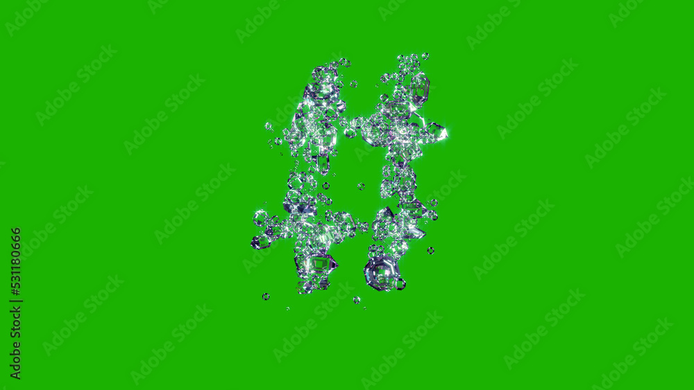 lighting clear diamonds alphabet - number sign on green screen, isolated - object 3D illustration