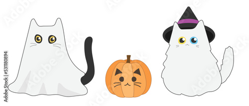 Cat in Halloween theme. Cat ghost, Jack-o'-lantern cat, cat with witch hat. Icon, vector set. Cute, hand-draw, cartoon.