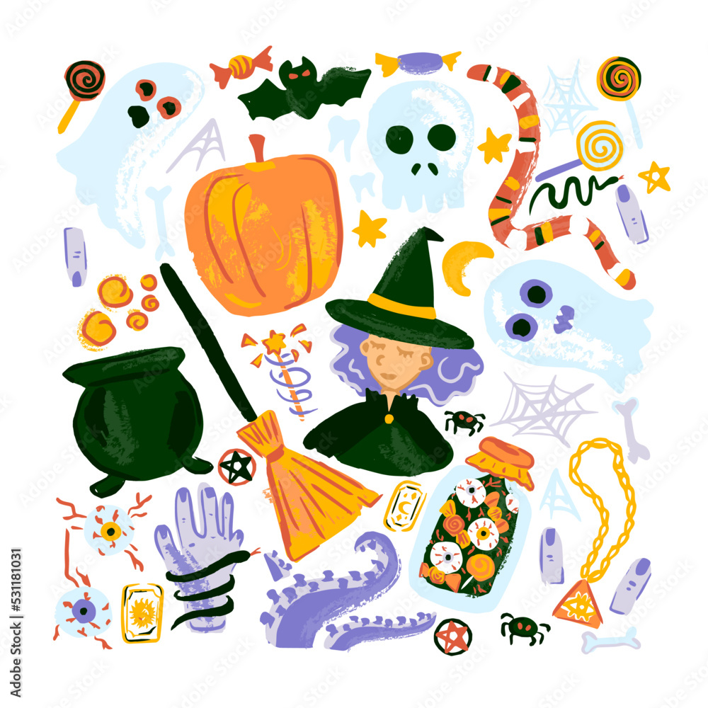 Fototapeta premium Halloween Sketch Set Isolated. Vector Illustration of Handdrawn Trick or Treat Holiday.
