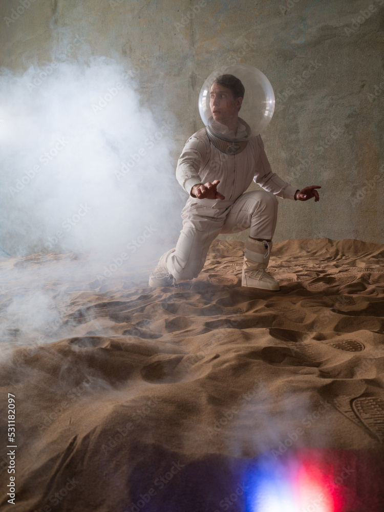 Fear of the unknown on alien An astronaut in a white spacesuit