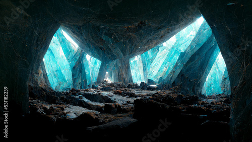 3D rendering. Futuristic sci-fi cave with cyan crystals lights CG artwork illustration