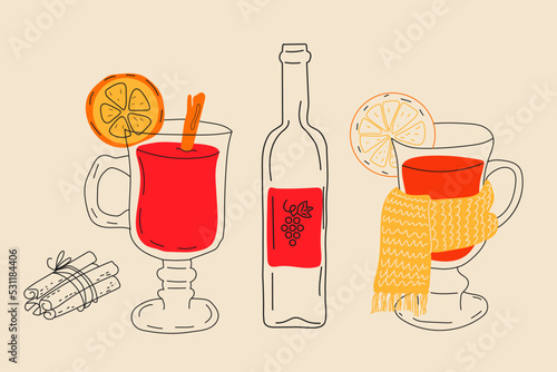 Mulled wine and spices  vector illustrations set. Winter traditional hot drink ingredients. Ginger root, oranges, star anise