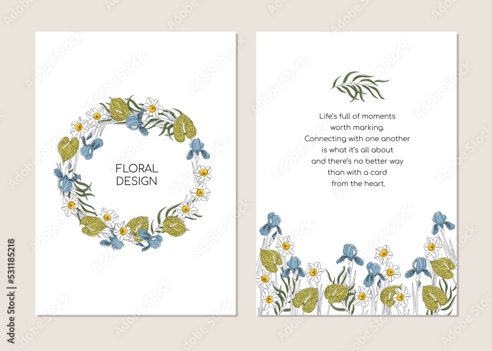 Greeting card template in minimalistic line art style. Flowers Narcissus, Iris, Anthurium, eucalyptus. Editable line. Vector illustration