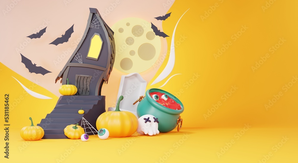 Obraz premium 3d Render, Happy Halloween Day background with night scene and cute spooky design. Halloween pumpkins, skull, ghost and spider decorations on dark purple background. Trick or Treat party celebrate.