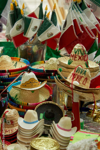 Mexican sombreros are wide brim hats sold at market in Mexico