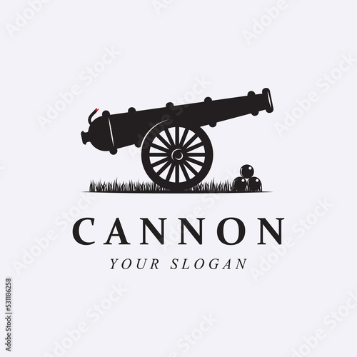 Photo creative cannon, cannon ball, and artillery vintage logo with slogan template