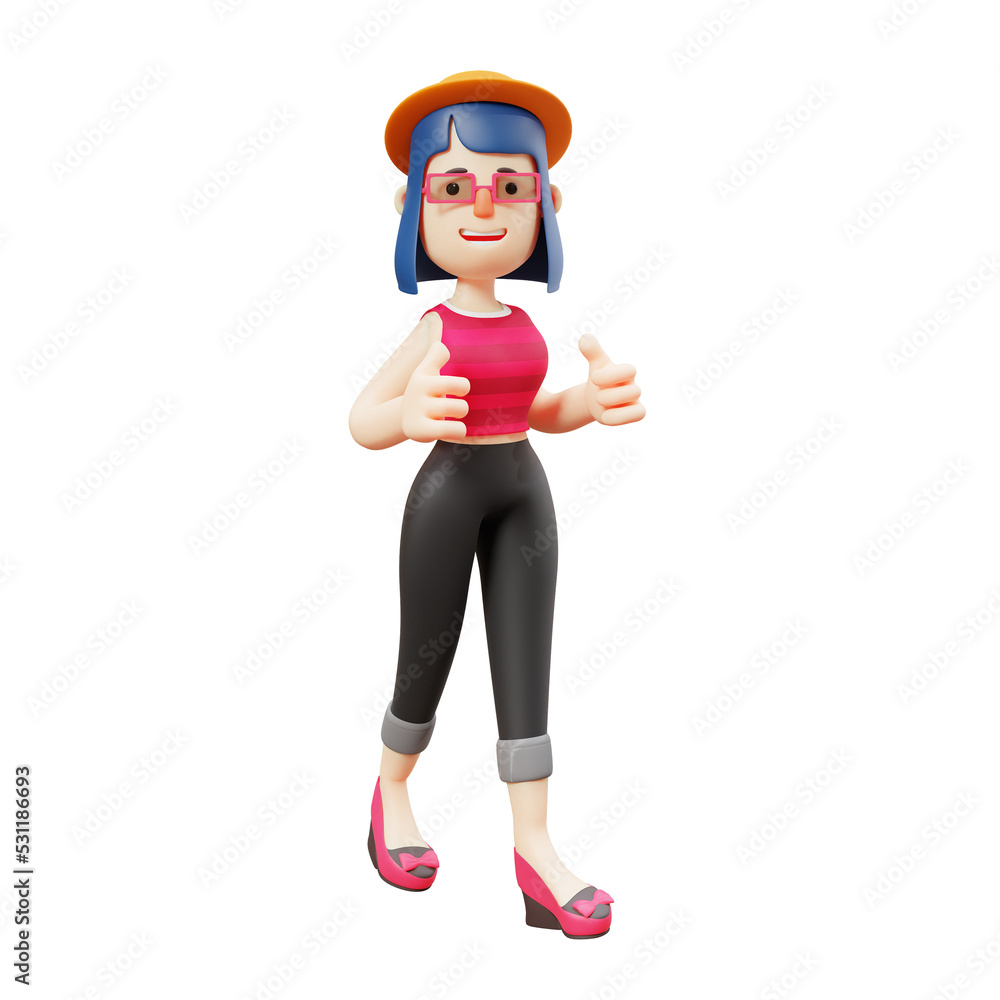 3D illustration. 3D Cute Woman character with happy face. showing two thumbs forward. with a beautiful smiling facial expression. 3D character cartoon 3D illustration. 3D Cute Woman character with happy face. showing two thumbs forward. with a beautiful smiling facial expression. 3D character cartoon