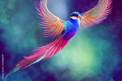 Mystical paradise bird. Background with flying fabulous bird. 3D illustration © Katynn