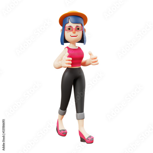 3D illustration. 3D Cute Woman character with happy face. showing two thumbs forward. with a beautiful smiling facial expression. 3D character cartoon