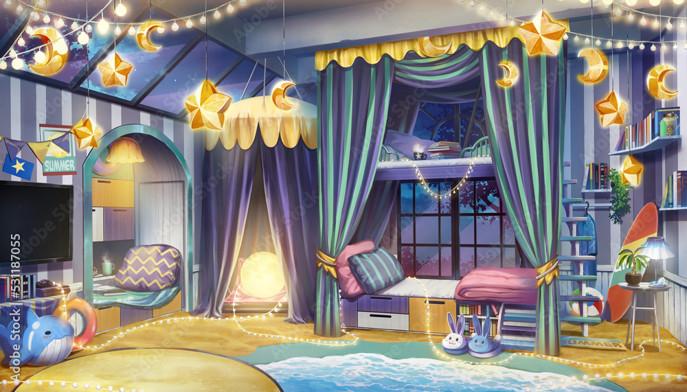 Anime background interior bedroom design with summer beach and winter night  stars theme at night with the light on, Illustration version 01 Stock  Illustration | Adobe Stock