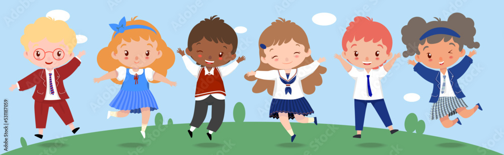 Children in different styles of student uniforms jumping happily