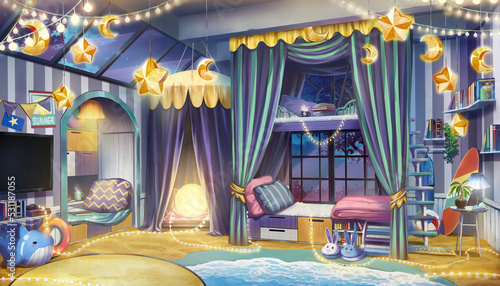 Anime background  interior bedroom design with summer beach and winter night stars theme at night with the light on,  Illustration version 01 photo