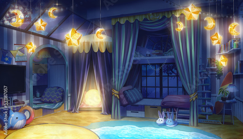 Anime background interior bedroom design with summer beach and winter night stars theme at night with the light on, Illustration version 03	
 photo