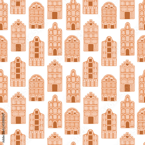 Gingerbread Christmas seamless pattern house cookies isolated on white vector