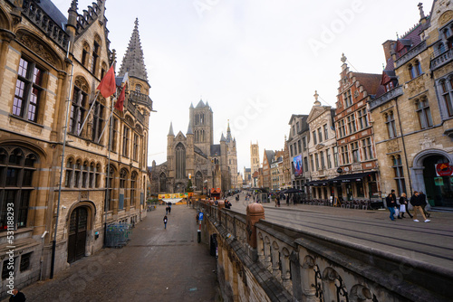 Korenmarkt , Main square in Ghent old town during Christmas winter cloudy day : Ghent , Belgium : November 30 , 2019