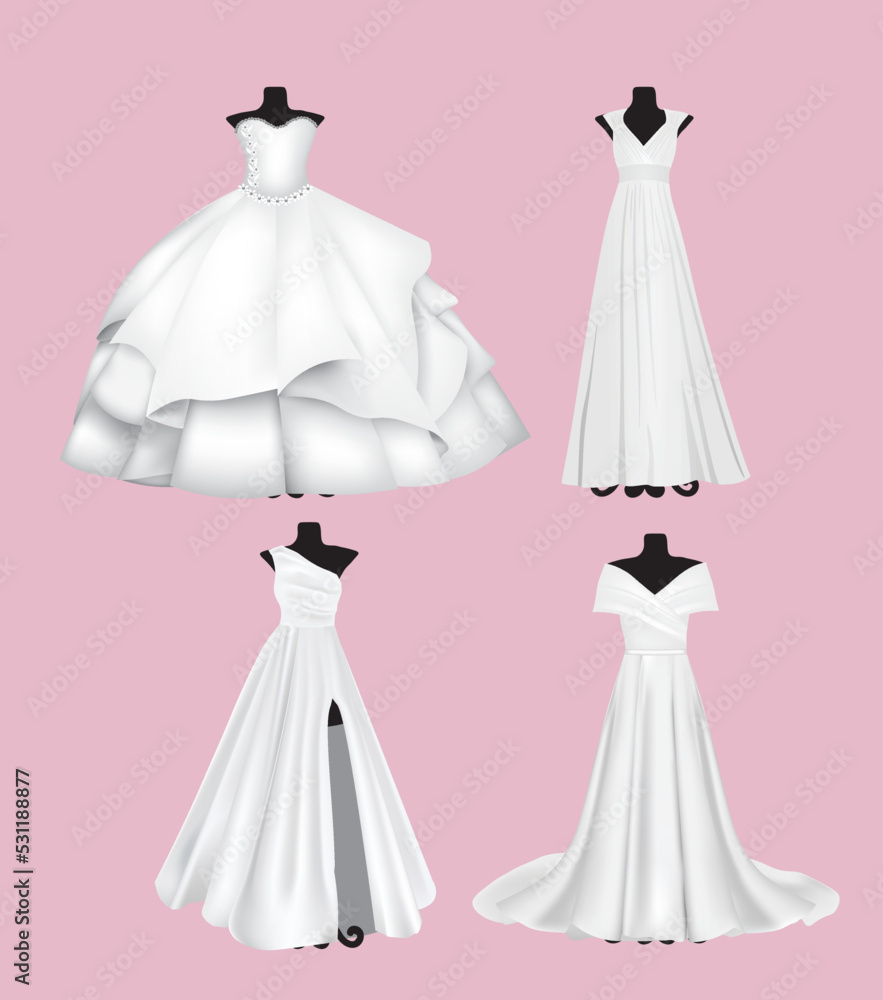 Elegant wedding dress set, realistic vector Elegant wedding dress set, realistic vector