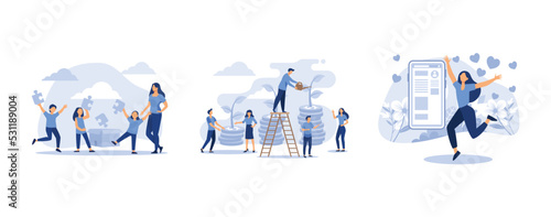 Teaching children to order and cleaning, career growth to success, a joyful girl with a phone in his hand puts likes on a background of flowers, set flat vector modern illustration