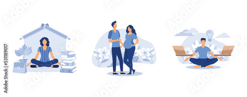 education at home, a pregnant woman with a man, concept of meditation workflow, set flat vector modern illustration