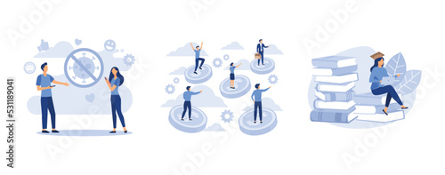 Quarantine coronavirus, united business team is flying astride money on the way to the goal and success, girl student graduate sitting on books with laptop surrounded by greenery, set flat vector mode