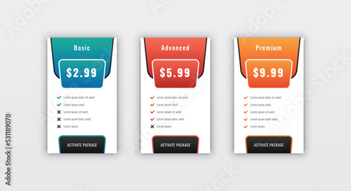 Modern stylish business pricing table or card design template