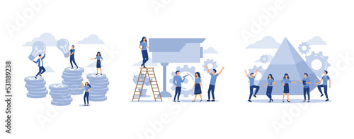 creative concept idea of the key to success, security camera, people connect the elements of the pyramid, set flat vector modern illustration