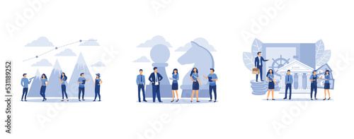 business people conquer the mountain, businessmen plan a business plan strategy, bank employees, set flat vector modern illustration
