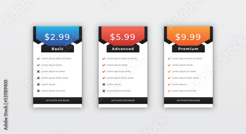 Clean minimal pricing table design template for website subscription panel