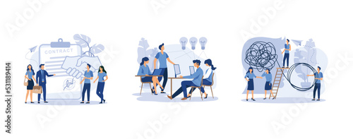 conclusion of a contract, business meeting and brainstorming, business problem solving concept, set flat vector modern illustration