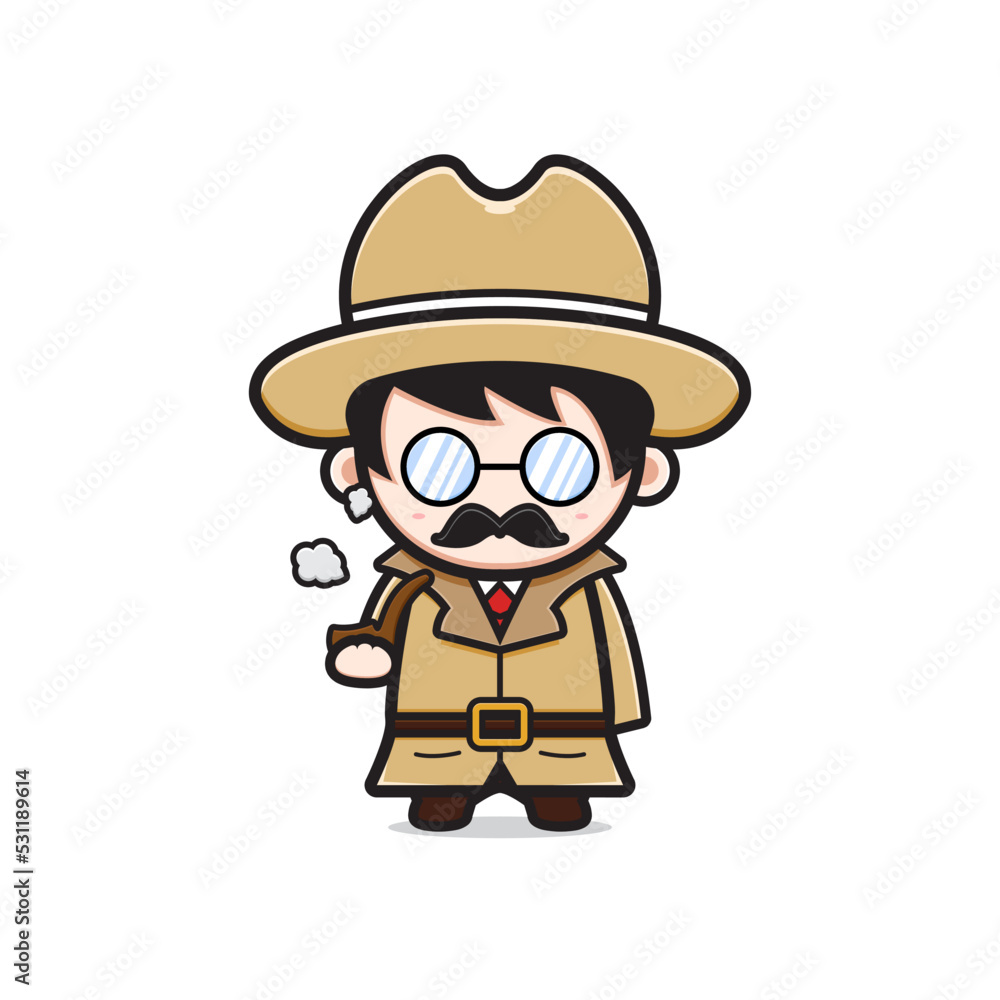 Cute detective is smoking character cartoon icon illustration