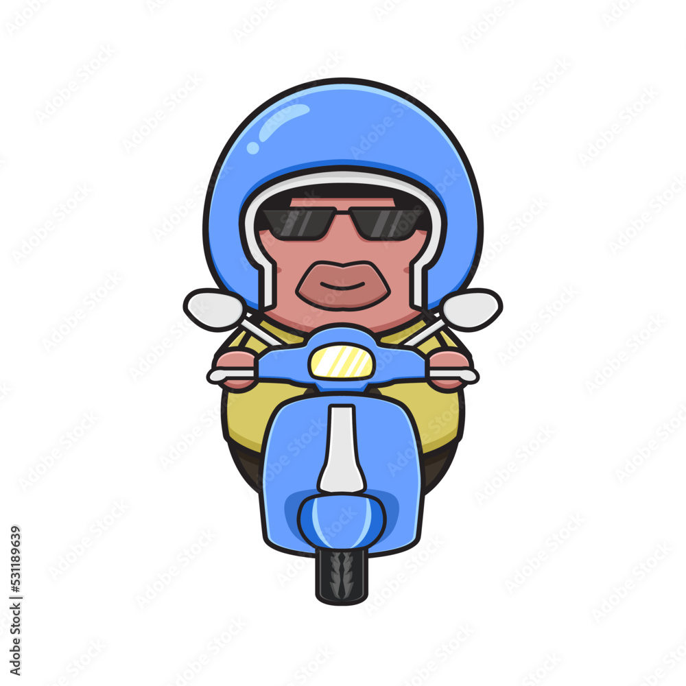 Cute fat boy is riding scooter mascot cartoon icon clip art illustration