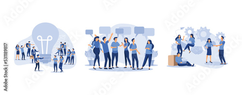 small people look at the big light bulb in search of ideas, dialogue speech bubbles, agreement of parties, set flat vector modern illustration