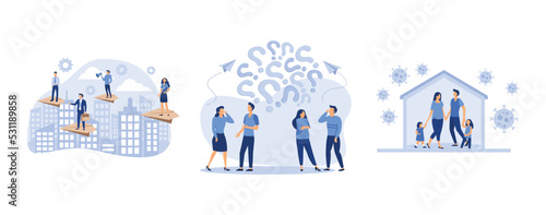 a man seeks up on a paper plane, people frequently asked questions around question marks, self-isolation from a pandemic, set flat vector modern illustration