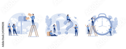alarm clock rings on white background, frequently asked questions people around exclamations and question marks, mailbox with letters, set flat vector modern illustration