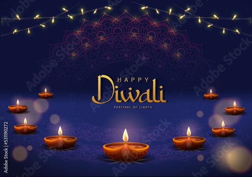 Happy Diwali Poster with Diya Lamp and Peacock Vector Illustration. Indian festival of lights Design. Suitable for Greeting Card, Banner, Flyer, Template. 