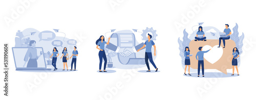 social networking, handshake, communication via the Internet, set flat vector modern illustration