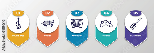 infographic template with thin line icons. infographic for music concept. included double bass, cornet, accordion, cymbals, bass guitar editable vector.