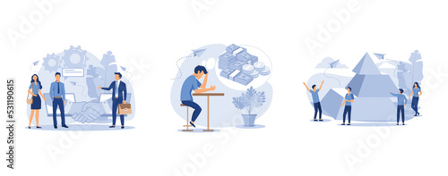 people connect the elements of the pyramid, financial problems, business handshake, set flat vector modern illustration