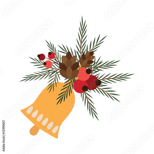 Christmas bell decorated with spruce branches, cones and berries