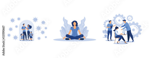 social networking, the girl sits in the lotus position , Family quarantined and isolated under a glass dome under protection, set flat vector modern illustration