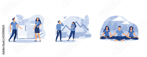 yoga health benefits of the body, economic downturn, teaching young people to get knowledge from books, set flat vector modern illustration