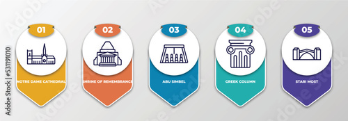 infographic template with thin line icons. infographic for monuments concept. included notre dame cathedral, shrine of remembrance, abu simbel, greek column, stari most editable vector.